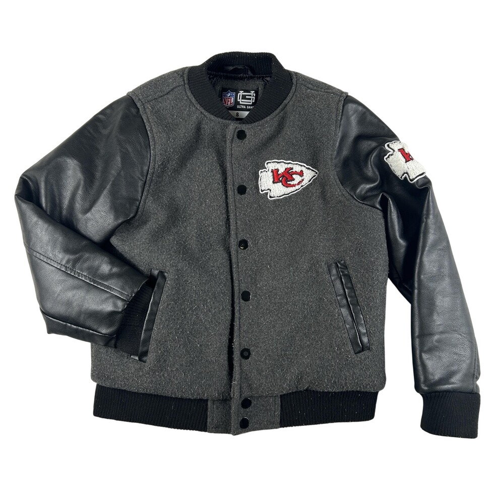 Kansas City Chiefs Jacket Boys Size 8 Gray NFL Football Ultra Game Varsity Coat